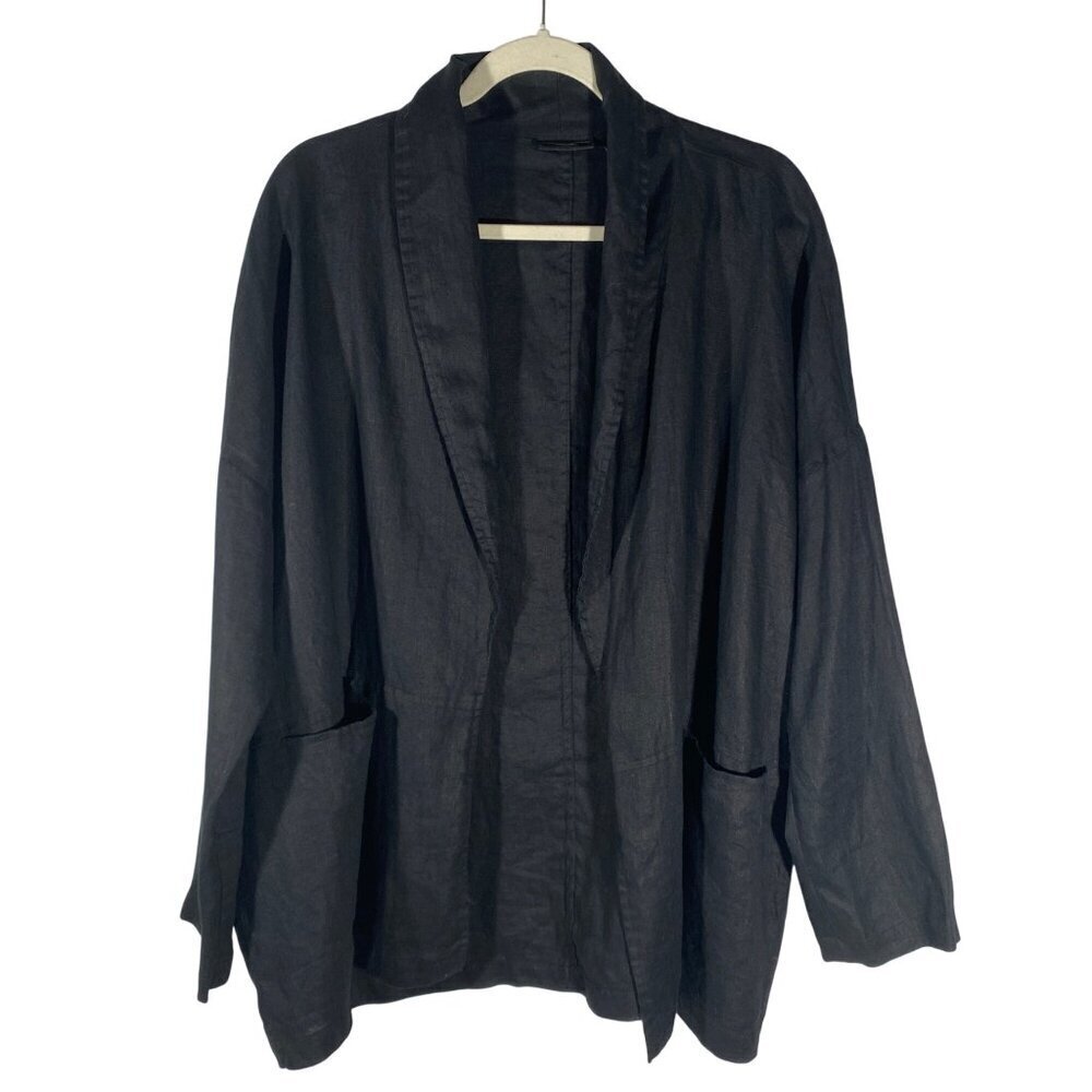 ADRIENNE VITTADINI Black 100% Linen Open Front blazer Jacket Size L neutral